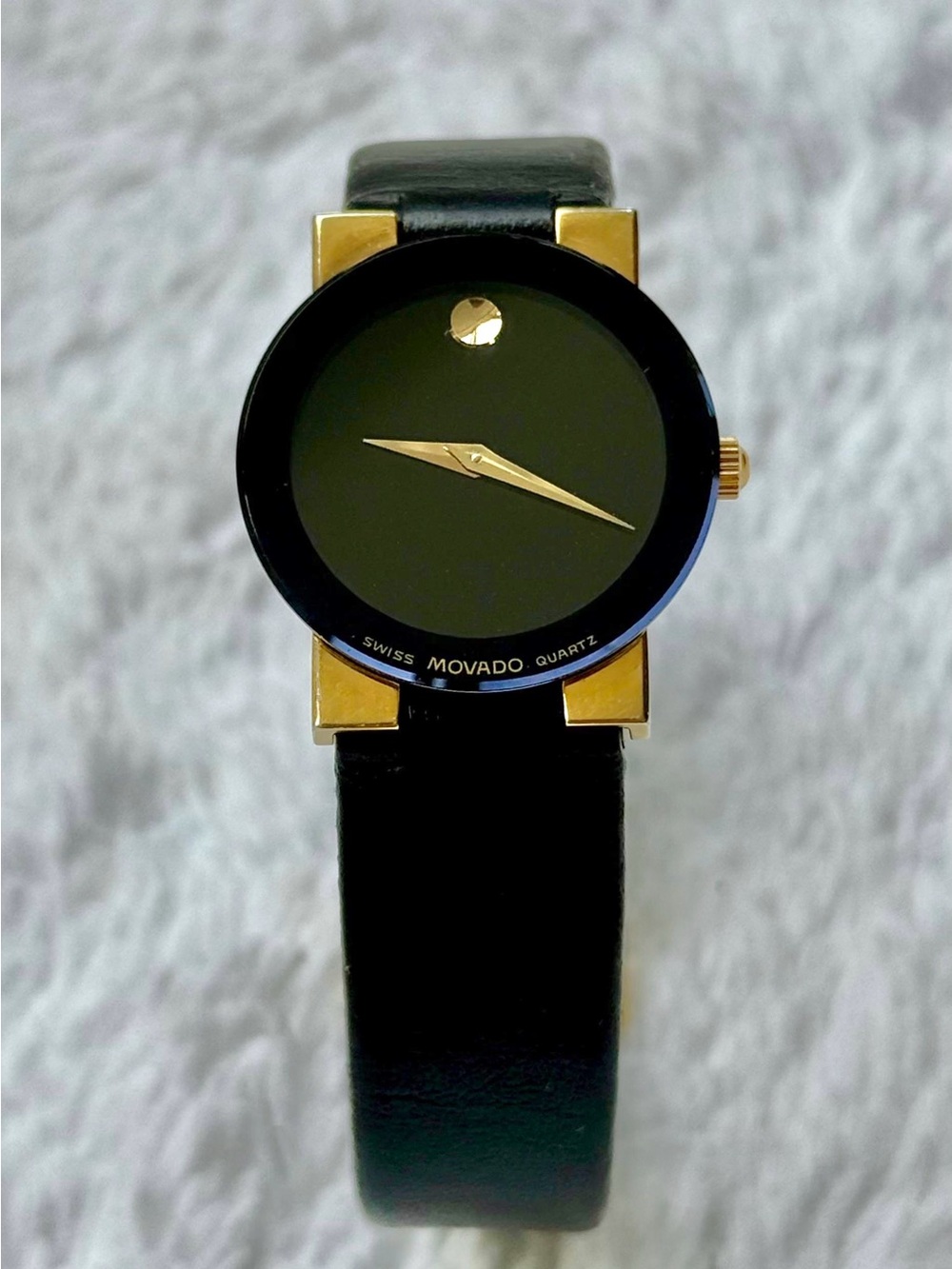Movado Black Dial with Gold Accents Leather Strap Watch